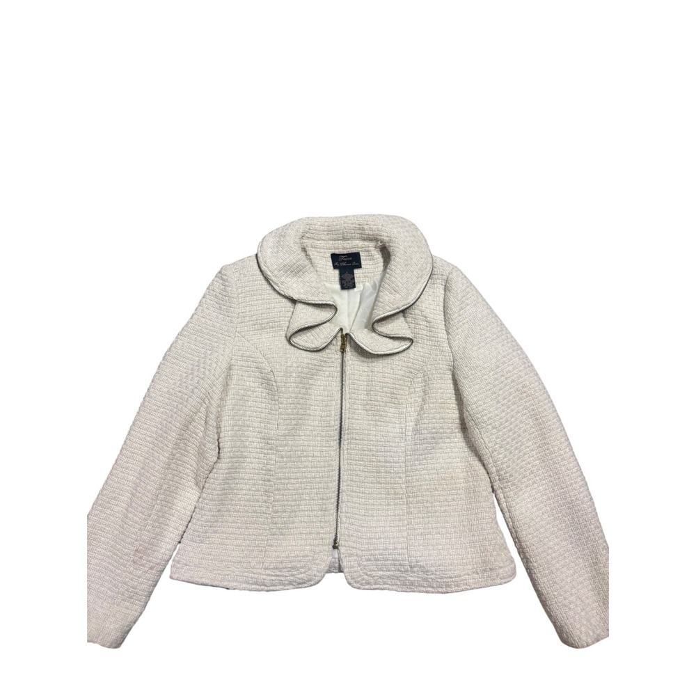 Trenz by Theresa Renz Cream Tweed Ruffle Collar Zip Up Jacket Womens Large